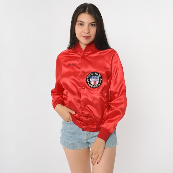 Red Bomber Jacket 90s Karate Long Sleeve Button Front Vintage Satin United States Association Martial Arts Sport Patch Classic Medium M