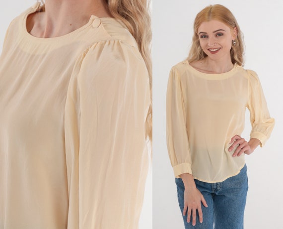 Cream Silk Blouse 80s Puff Sleeve Top Semi-Sheer 3/4 Sleeve Button Shoulder Top Minimalist Chic Simple Vintage 1980s Jonathan Martin Medium