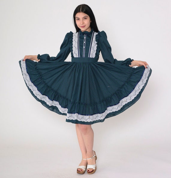 Plaid Prairie Dress 60s Mini Dress Lace Ruffled Long Puff Sleeve High Waisted Circle Skirt Boho Retro Lolita Vintage 1960s Extra Small xs
