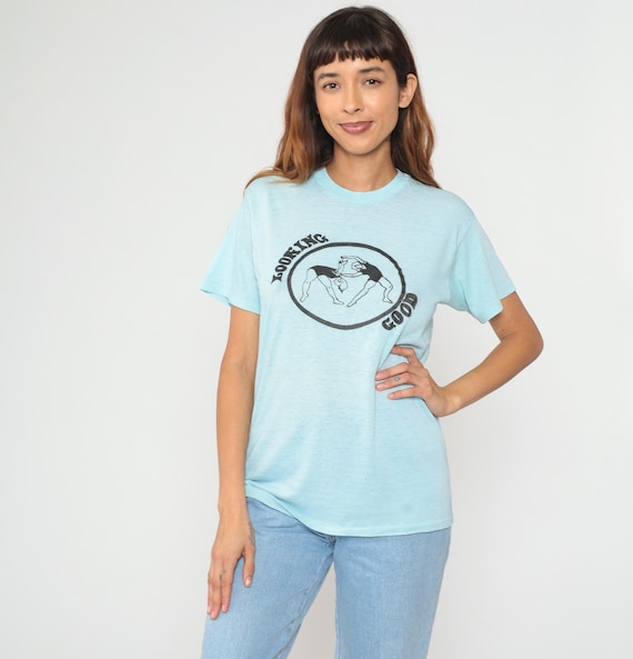 80s Dance Shirt Ballet Graphic Tee Light Blue Aqua Looking Good Vintage Sports Athletic Gym Workout Short Sleeve Aerobics Yoga Large L