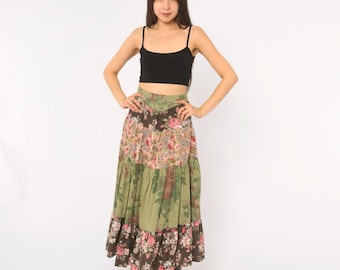 80s Patchwork Floral Skirt Olive Green Tiered Cotton Rose Brown Pink Prairie Cottagecore High Waist Full Sweep Peasant Vintage Medium M