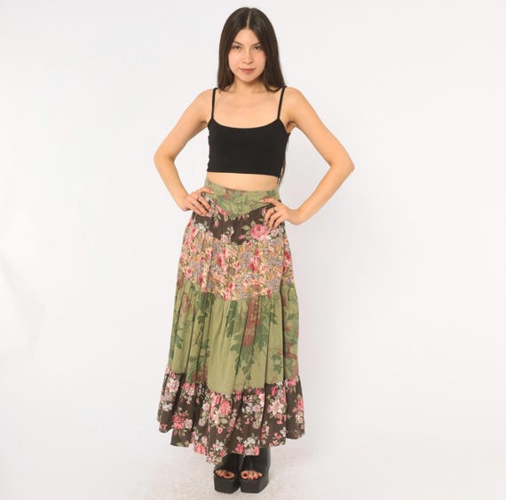 80s Patchwork Floral Skirt Olive Green Tiered Cotton Rose Brown Pink Prairie Cottagecore High Waist Full Sweep Peasant Vintage Medium M