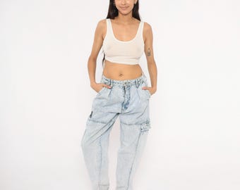 Distressed Acid Wash Cargo Jeans 80s Bugle Boy Denim Pants Light Blue Pleated Leg Cotton Baggy Streetwear Stone Washed Vintage 33 Inch Waist
