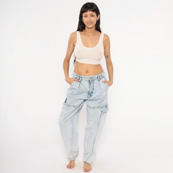Distressed Acid Wash Cargo Jeans 80s Bugle Boy Denim Pants Light Blue Pleated Leg Cotton Baggy Streetwear Stone Washed Vintage 33 Inch Waist