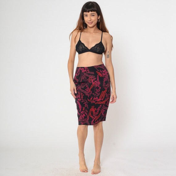 Floral Midi Skirt Y2K Black Pink Skirt Fuchsia Botanical Print High Waist 00s Knee Length Vintage Hippie Festival Medium 8