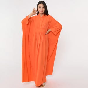 Vintage 70s Orange Kaftan Dress Bright Orange Caftan 1970s Miss Elaine Maxi Lounge Dress Dolman Sleeve Empire Boho Mod Hostess Gown OS S M L