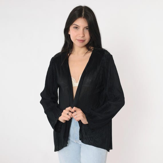 Vintage Black Pleated Jacket 80s Sequin Shoulder Party Jacket Open Front Long Sleeve Blazer 1980s Evening Cocktail Medium M