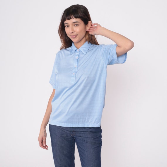 80s Polo Shirt Baby Blue Shirt Striped Grid Print Shirt Pastel Quarter Button Up Golf Shirt 1980s Retro Vintage Lady Cougar Medium