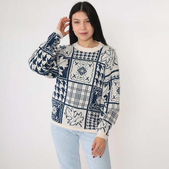 90s Patchwork Sweater Vintage Houndstooth Fall Leaf Checkered Geometric Knit Pullover 1990s Dark Blue Off-White Cotton Crew Neck Medium