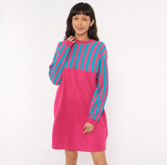 80s Striped Sweatshirt Dress Hot Pink Teal Long Sleeve Knit Pullover Colorblock Fuchsia Turquoise Cotton Sleep Mates Magenta Shift Small S