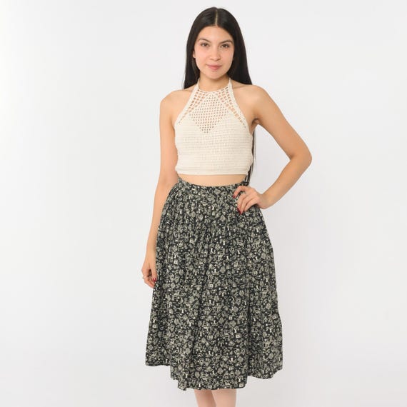 Vintage Austrian Folk Skirt 60s Black Cotton Full Skirt Cream Tyrolean Village Print 1960s Mid Length Circle Cottagecore Extra Small xs 0