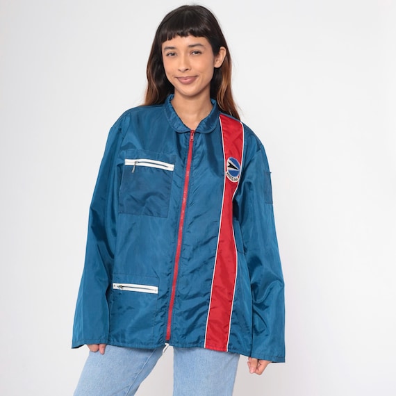 Vintage 80s America's Cup Racing Jacket Blue Red Striped Sailing Windbreaker Embroidered NFRC Logo Patch Zip Up 1980s Retro Large L