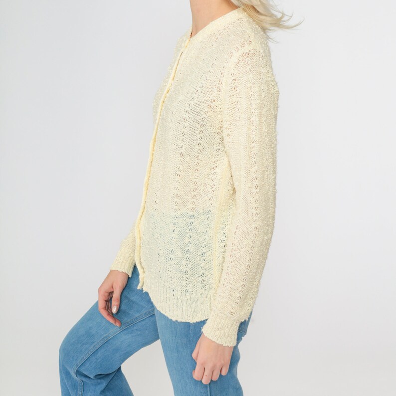 Pale Yellow Cardigan 80s Pointelle Knit Pearl Button up Sweater Open Weave Sheer Sweater Retro Grandma Openwork Vintage 1980s Small S image 7
