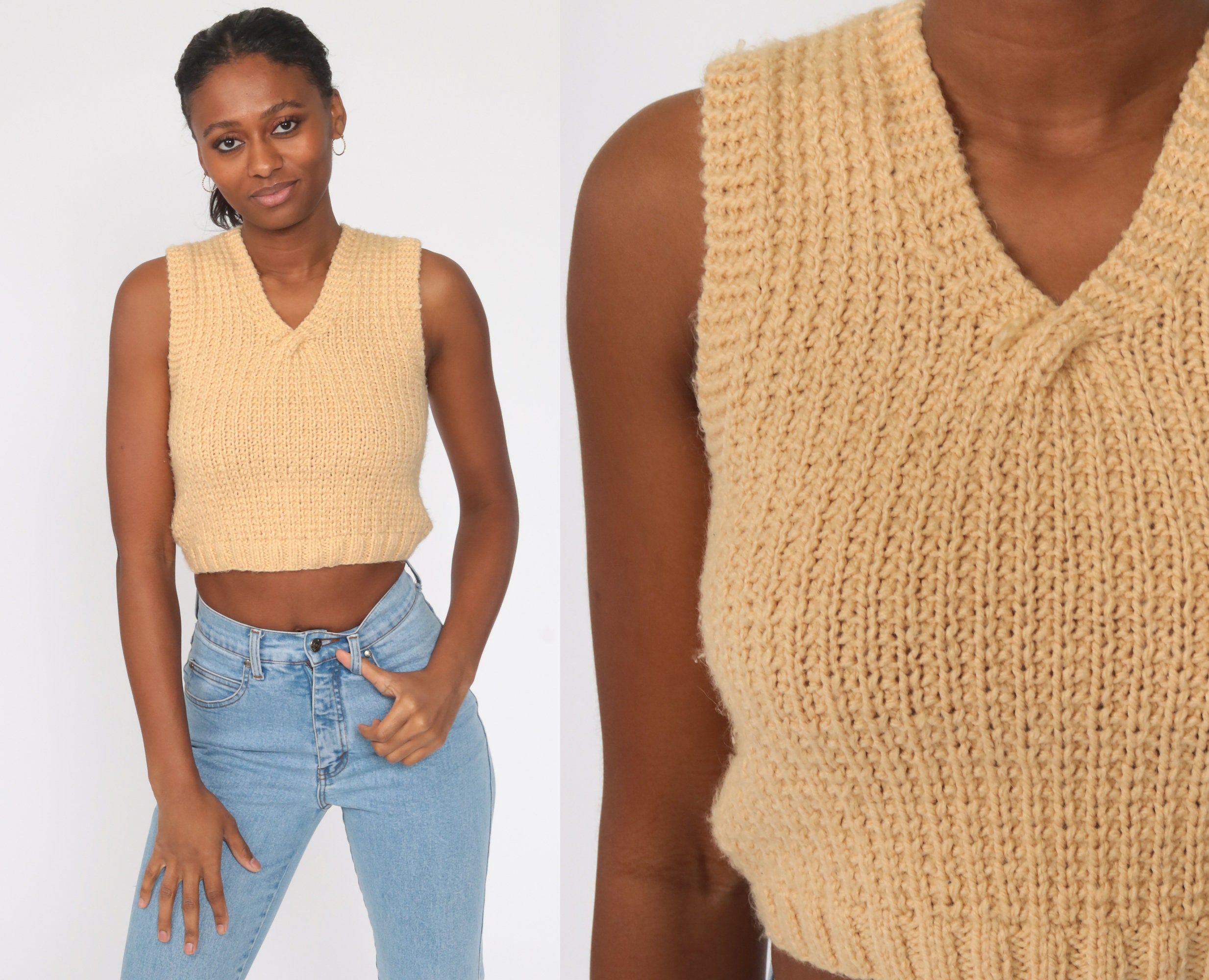 Tan Crop Top Sweater Vest Top 70s Knit Tank Top Sleeveless Etsy