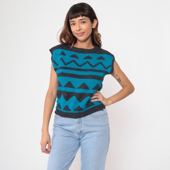 80s Sweater Vest Blue Geometric Triangle Pattern Sleeveless Pullover Knit Russ Petites Vintage 1980s Southwestern Medium M