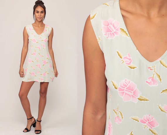 Grunge Mini Dress 90s Floral Print 1990s Sundress Vintage Summer Boho Sun Dress V Neck Shift Sheath Pink Moss Green Extra Small xs