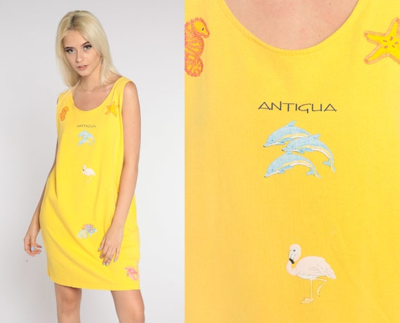 Antigua Tank Dress Yellow Mini Beach Dress Guatemala Flamingo Parrot Starfish Sea Creature Animal Sundress Sleeveless Vintage 1990s Medium M