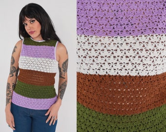 Crochet Tank Top 70s Striped Knit Shirt Semi-Sheer Sleeveless Open Weave Hippie Retro Summer Purple White Green Brown Vintage 1970s Small S