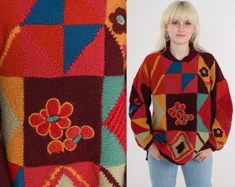 Geometric Floral Sweater 80s Wool Blend Pullover Knit Sweater Flower Print Red Green Orange Blue Color Block Boho Vintage 1980s Medium Large