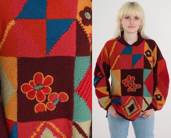 Geometric Floral Sweater 80s Wool Blend Pullover Knit Sweater Flower Print Red Green Orange Blue Color Block Boho Vintage 1980s Medium Large