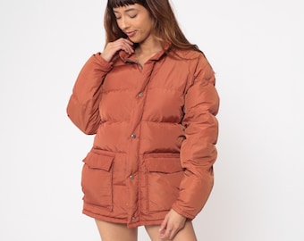 Down Puffer Jacket 70s Put On Shop Vintage Rust Orange Terracotta Quilted Sears Winter Snap Front Skiwear Snowboard Retro Distressed Small S