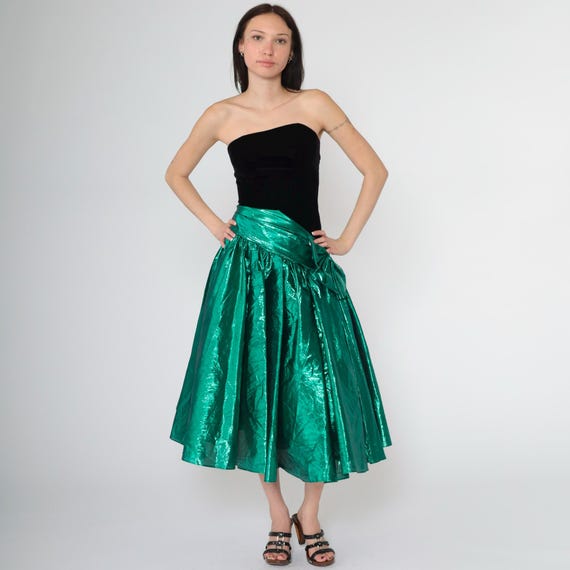 Vintage 80s Strapless Evening Dress Asymmetrical Velvet Bodice Metallic Taffeta Skirt Black Green Formal Gown 1980s Zum Zum Extra Small xs