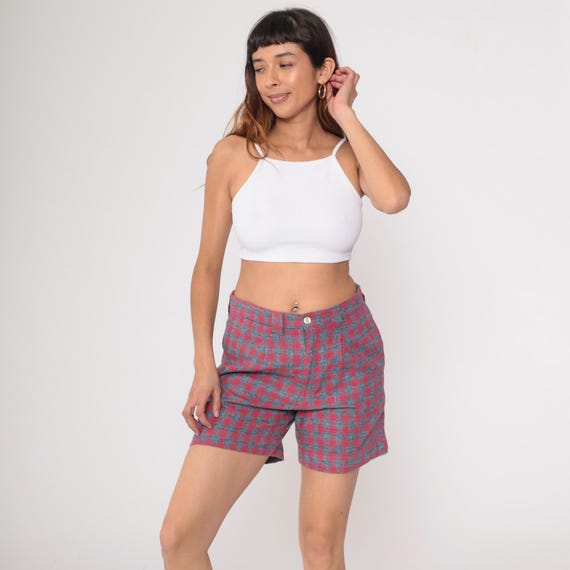 80s Plaid Shorts High Waisted Red Blue Button Front Vintage Mom Shorts Preppy Checkered Pattern Summer Casual Tailored Back Pockets Medium M