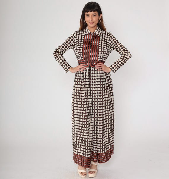 70s Maxi Dress Polka Dot Black White Geometric Print Nylon Long Sleeve Vintage Belt Waist Collar Button Front Boho Disco Evening Medium M 8