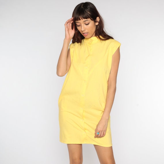 80s Mini Dress Shirtdress Shift Yellow Button Up Dress 1980s Cap Sleeve Plain Simple Vintage Retro MiniDress Collar Casual Small Medium xs
