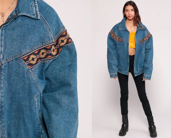 80s Jean Jacket TRIBAL TRIM 90s Denim Jacket Bomber Jacket Grunge Biker Trucker Jacket Boho Vintage Zip Up Hipster Medium Large