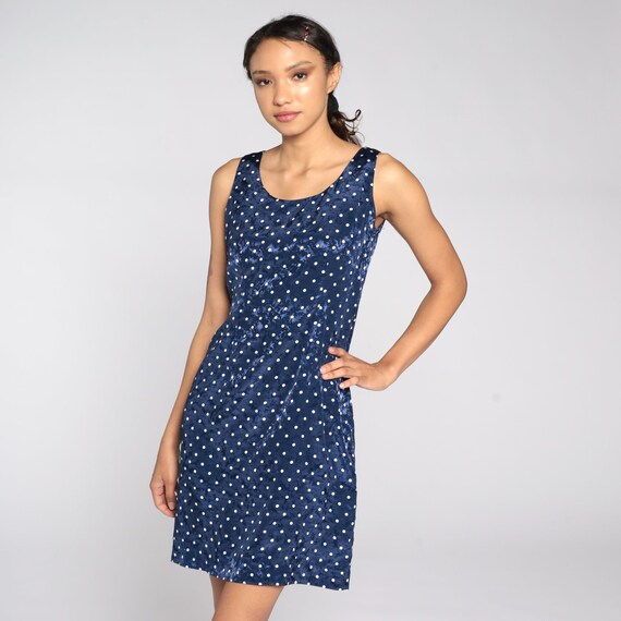 Polka Dot Dress 90s Mini Embossed Dress Dark Blue 80s Sleeveless Sheath Vintage 1990s Retro Preppy Small S