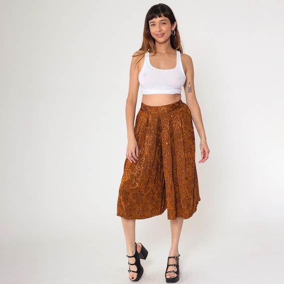 Vintage Baggy Floral Pants 90s Burnt Orange Cropped Culotte Capri Pants Pleated High Waist Casual Trousers Abstract Print Pants Small S