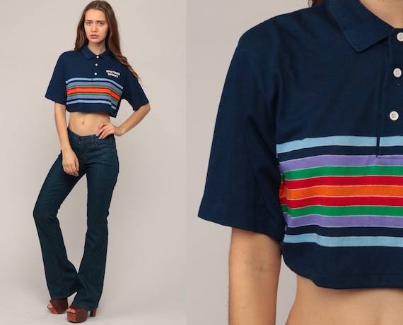 Polo Crop Top Rainbow Striped Shirt SPECTRUM SPORTS Shirt Short Sleeve Shirt 80s Hippie Top Hipster Retro Tee Vintage 1980s Small Medium