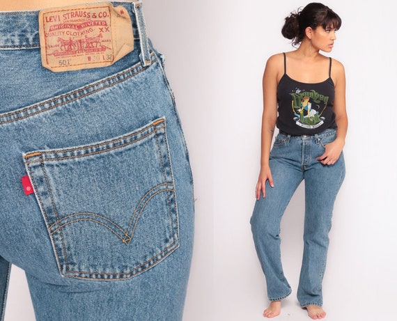 Levis Mom Jeans High Waist Jeans 80s Jeans Blue Jeans Levi Strauss BUTTON FLY Relaxed High Waist Denim Pants 501 Vintage Medium 10 30