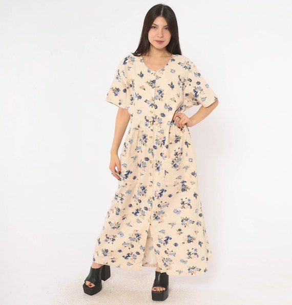 90s Floral Maxi Dress Cream Blue Linen Button Front Short Sleeve Patch Pockets Prairie Cottagecore Grunge Plus Size Extra Extra Large XXL