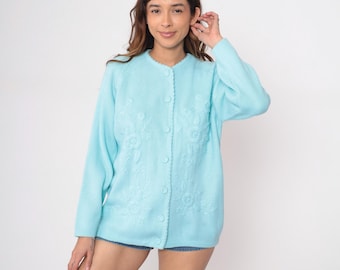Floral Cardigan 70s Baby Blue Knit Sweater Button Front Embroidered Flower Print Retro Grandma Sweater Girly Acrylic Vintage 1970s Medium M
