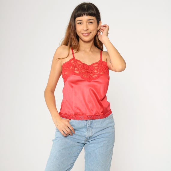 Vintage Red Satin Cami Top Lace Lingerie Camisole Tank Top 80s Undershirt Sweetheart Neckline Boho Romantic Bohemian Small S