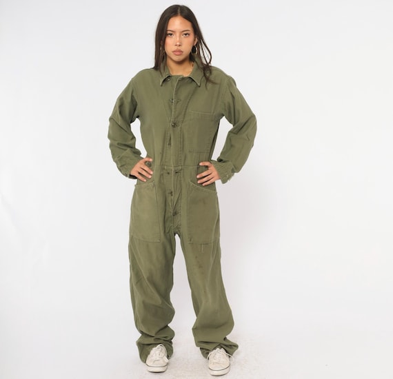 70s Army Green Coveralls Military Olive Cotton Jumpsuit Long Sleeve Boilersuit Utility Work Wear One Piece Baggy Wide Leg Vintage Small S