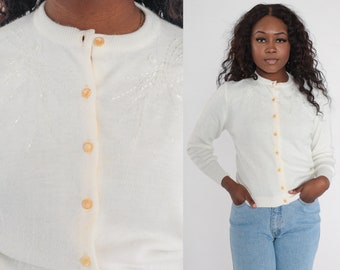 Beaded Cardigan 60s 70s White Button Up Knit Sweater Retro Beading Cropped Sweater Girly Grandma Knitwear Vintage 1960s Small S