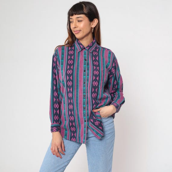90s Southwestern Shirt Aztec Tribal Ethnic Print Cotton Purple Magenta Pink Teal Blue Navy Geometric Striped Collar Vintage Womens Large L