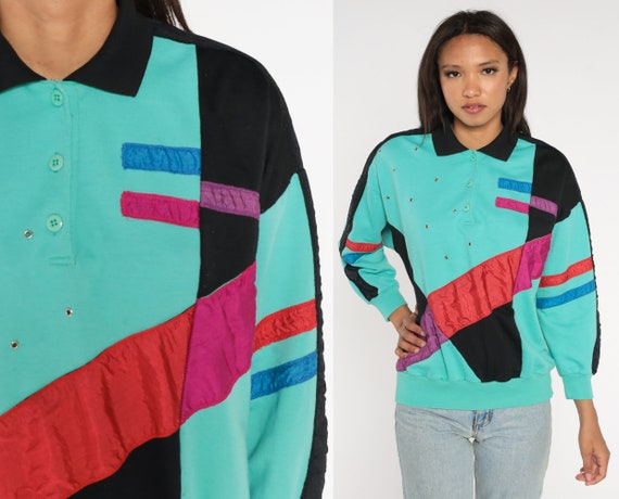 80s Color Block Sweatshirt Turquoise Polo Rivet Quarter Button Up Shirt 1980s Black Striped Sweater Slouchy Pullover Red Purple Medium