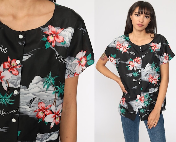 Tropical Floral Shirt Black Hawaiian Blouse Button Up 80s Vintage Surfer Vacation Short Cap Sleeve Hibiscus Print Retro Top Medium Large