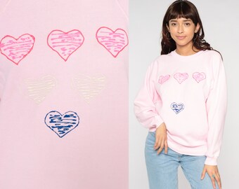 Hand Painted Heart Sweatshirt 80s 90s Baby Pink Sweater Retro Raglan Sleeve Puffy Paint Grandma Graphic Novelty Print Kawaii Vintage Large L