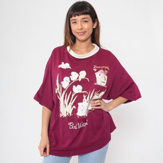 90s Cat Shirt Bird Watchin' T-Shirt Cute Birds Kitty Graphic Tee Kawaii Kitten TShirt Red Layered Mock Neck Banded Hem Vintage 1990s XL