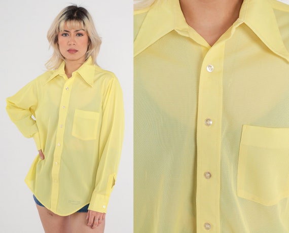 70s Button Up Shirt Sheer Yellow Shirt Button Up … - image 1