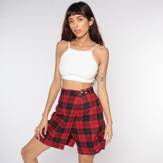 Plaid Mini Skort Red School Girl Skirt Tartan High Waisted 80s White Red Blue Preppy Checkered Retro Vintage Lolita 90s Small S