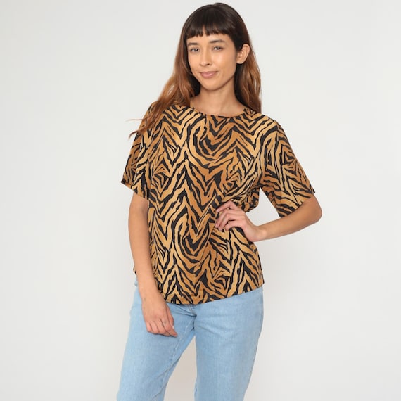 Tiger Print Blouse 90s Orange Black Animal Stripe Short Sleeve Vintage Top Wild Pattern Safari Shirt Club Party Going Out Medium M