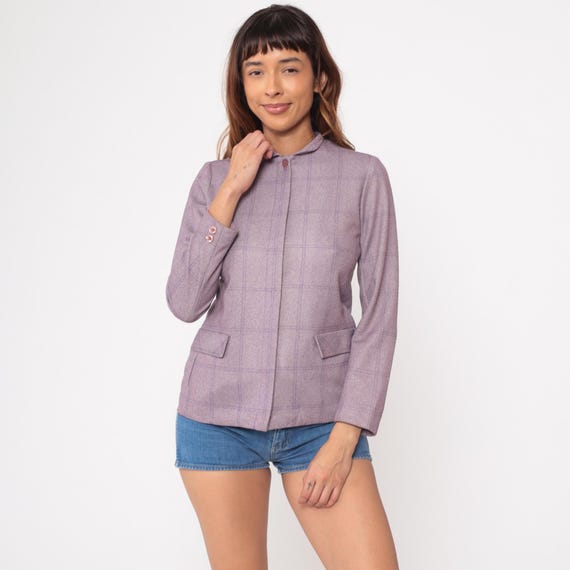 80s Purple Blazer Herringbone Lilac Jacket Mandarin Collar Windowpane Check Wool Blend Tailored Office Workwear Minimalist Light Weight XS 6