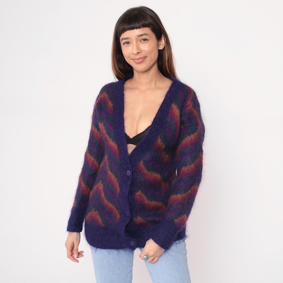 90s Chevron Cardigan Purple Navy Orange Geometric Button Front Fuzzy Knit Striped Sweater Vintage Zigzag Pattern Mohair Colorful Medium M
