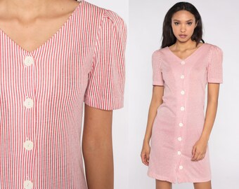 Red Striped Dress Candy Striper Uniform Button Up Dress 80s Mini PUFF SLEEVE Dress 1980s Vintage Shirtdress Shift White Small S